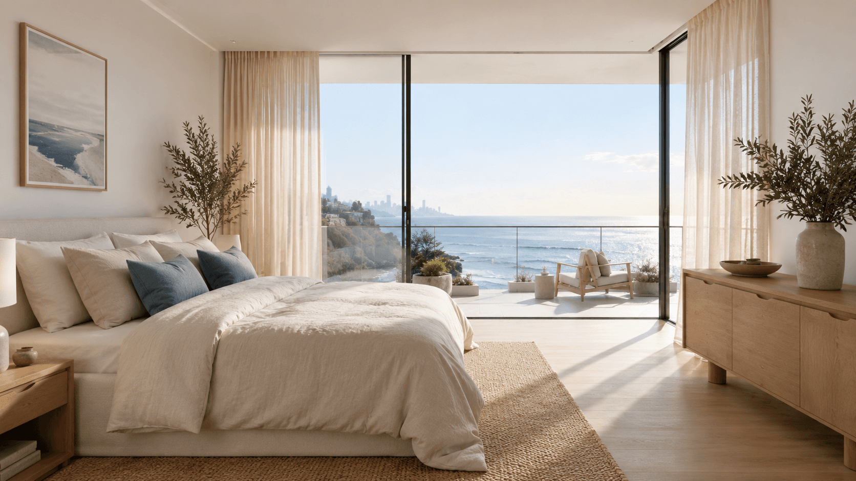Styled Gold Coast bedroom with ocean views, premium linen, and curated coastal furnishings