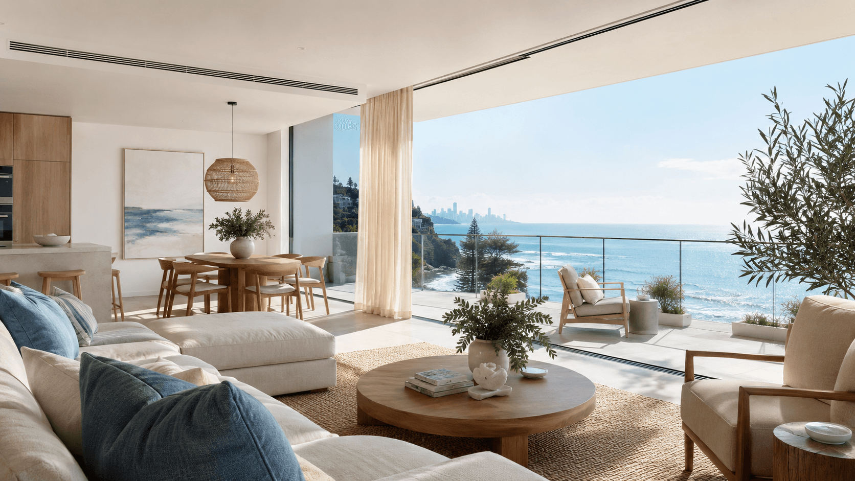 Premium coastal apartment living area with ocean views